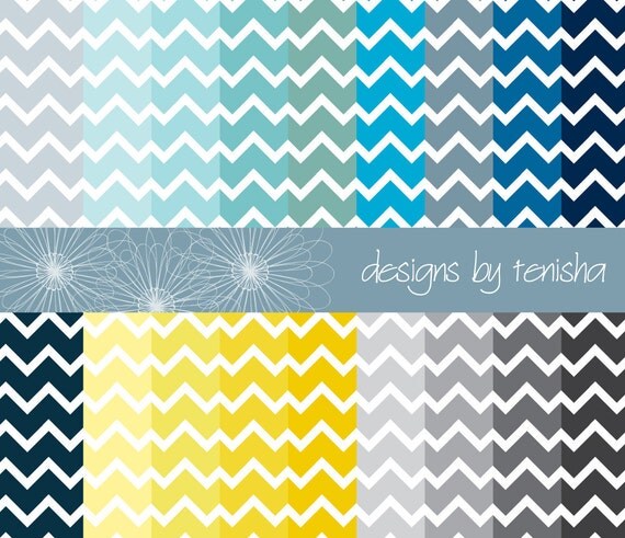 Chevron Digital Scrapbook Paper 18 pack - Yellow Blue Gray