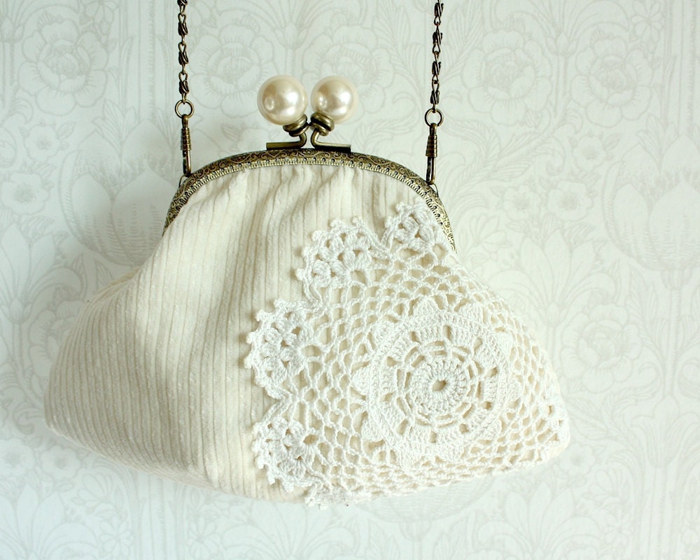 purse with vintage lace doily, white on white