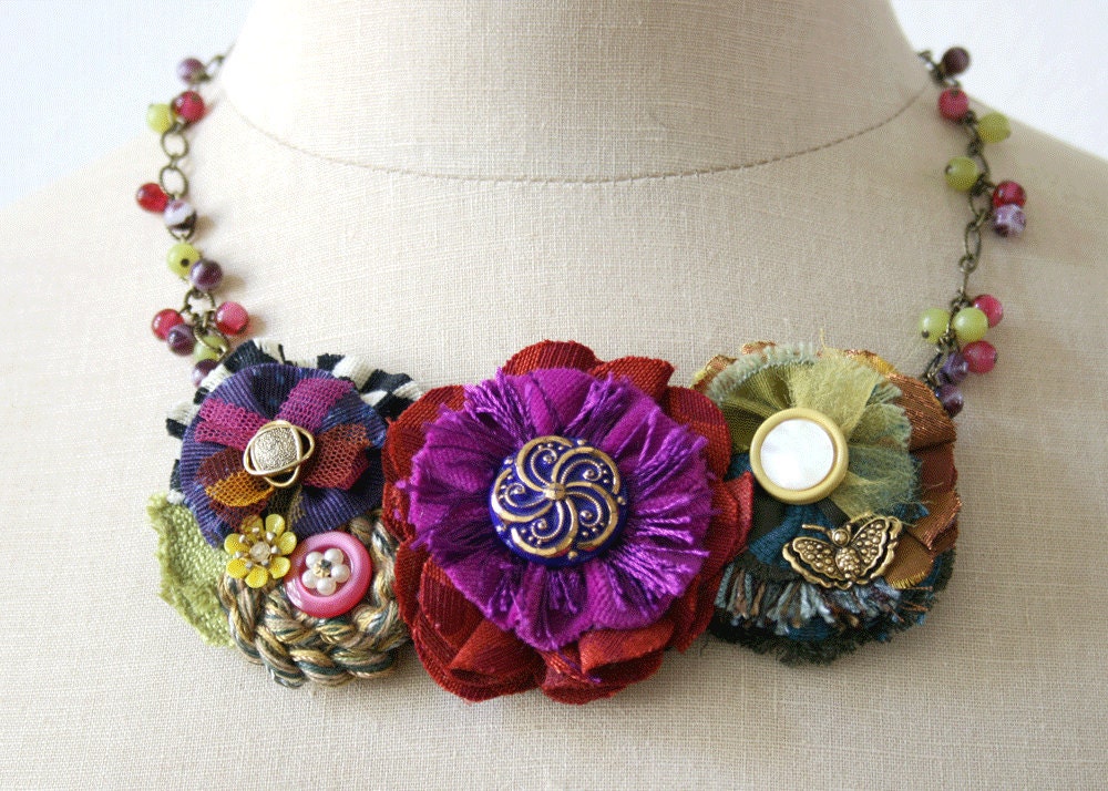 Festive Colorful Statement Bib Necklace Fabric Flowers in Fushia, Blue, Red