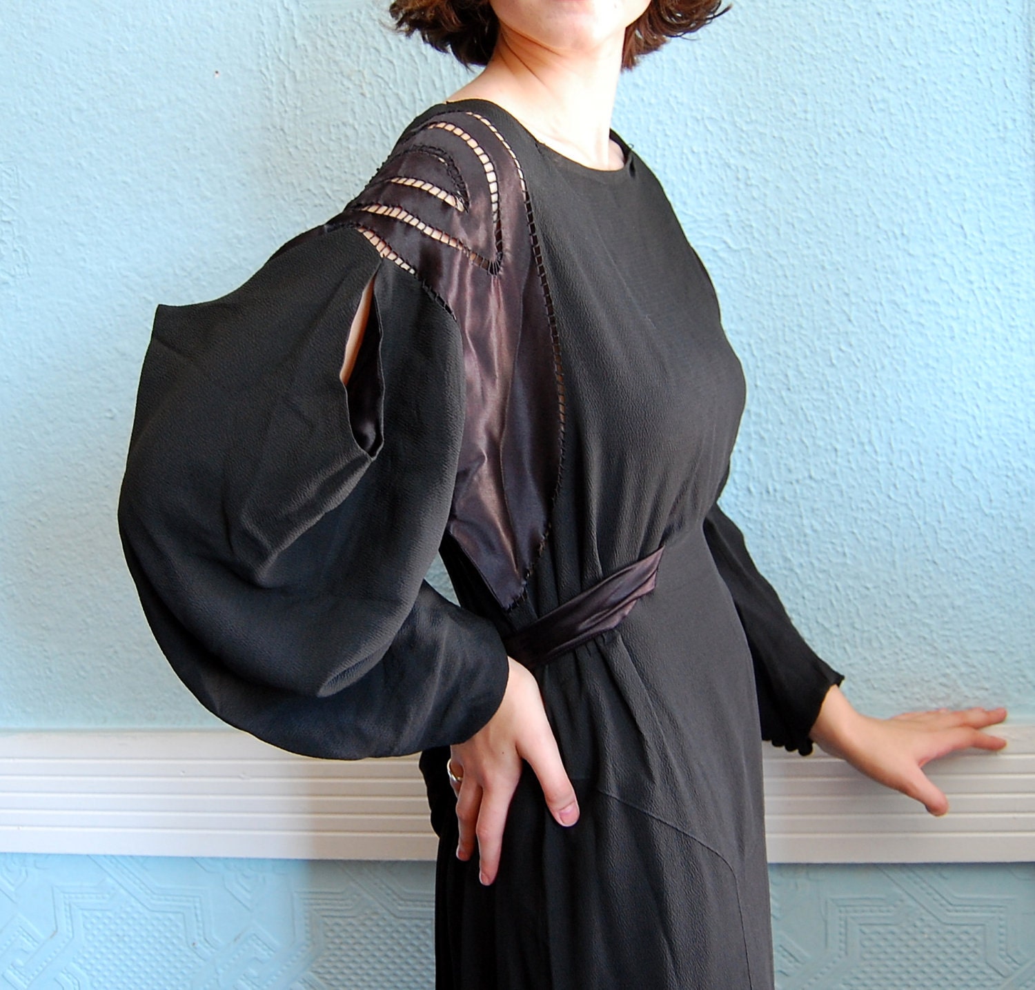 Vintage 1930s Dress - 30s Evening Gown - Couture Black Crepe de Chine