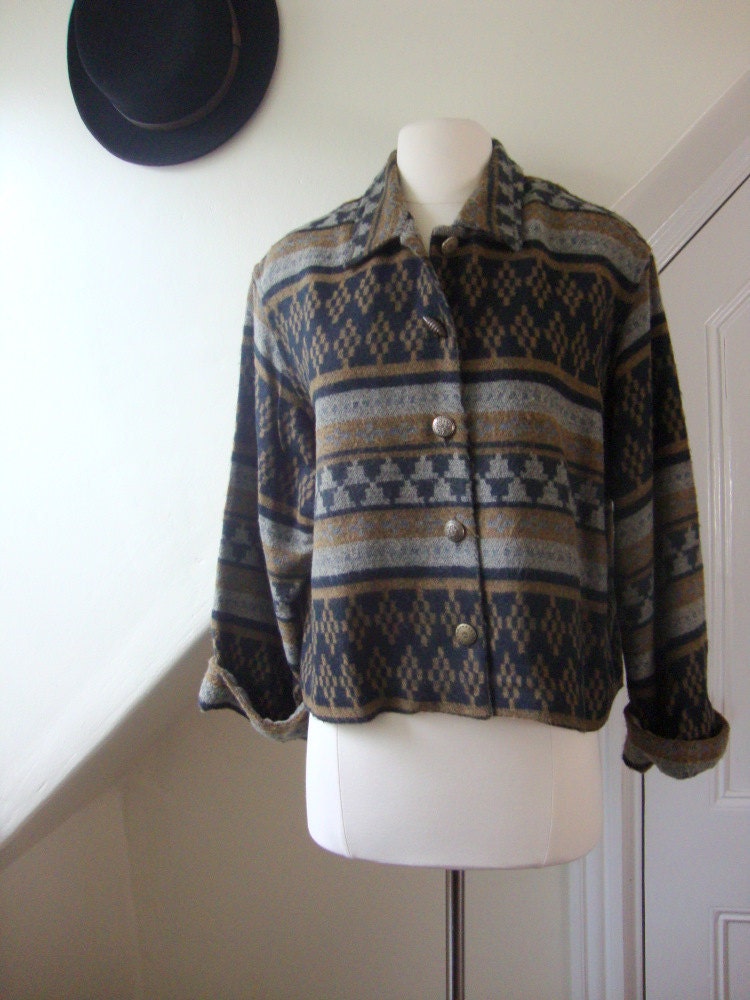 tribal print jacket in brown, grey, and black / 1980s / m