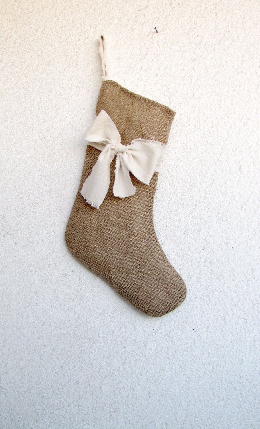 Rustic Christmas - burlap holiday stocking, shabby bow