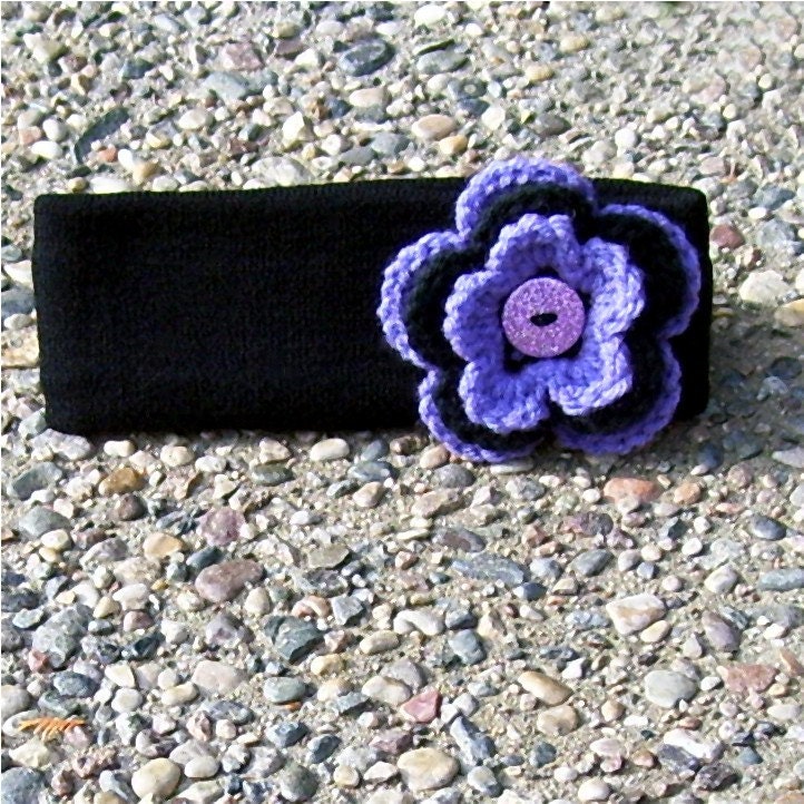 Winter Headband Ear Warmer Black Purple Flower