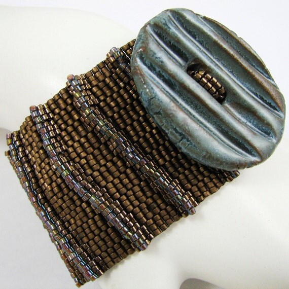 Ridged Transitions in Bronze and Aqua  Peyote Cuff / Peyote  Bracelet (2603) - A Sand Fibers Creation