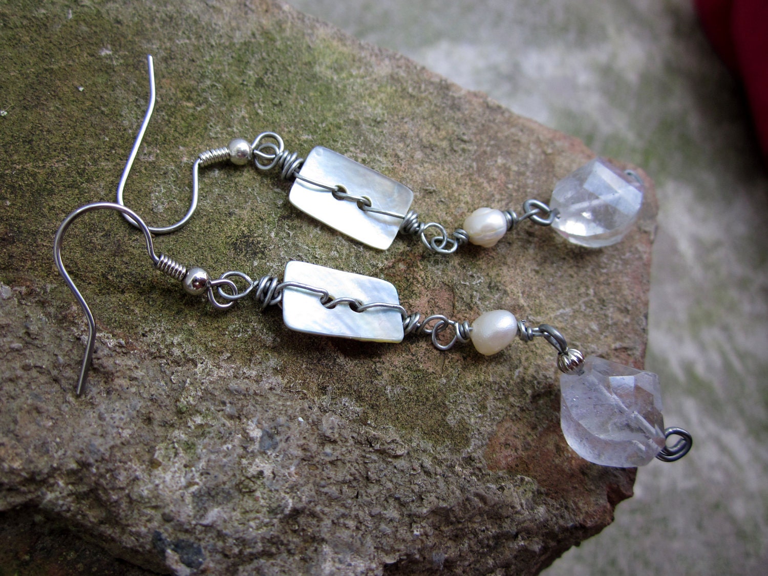 Cream Stone earrings, Faceted aquamarine gemstone Mother of pearl button - Faerie Glade