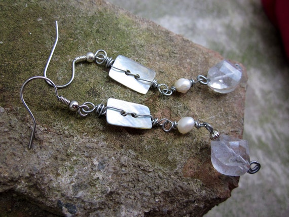 Cream Stone earrings, Faceted aquamarine gemstone Mother of pearl button - Faerie Glade