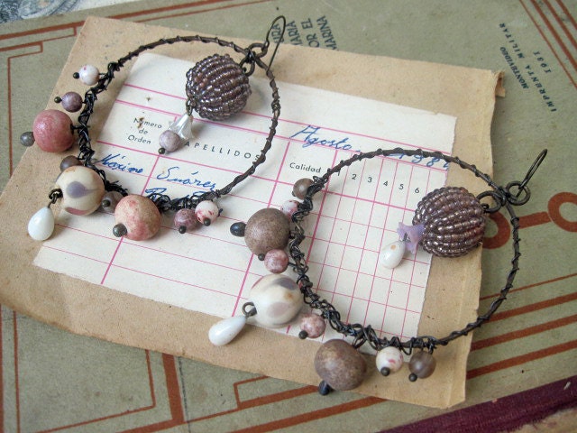 I Myself Have Gone Blind. Rustic Gypsy Assemblage Hoops with Ceramic Beads.