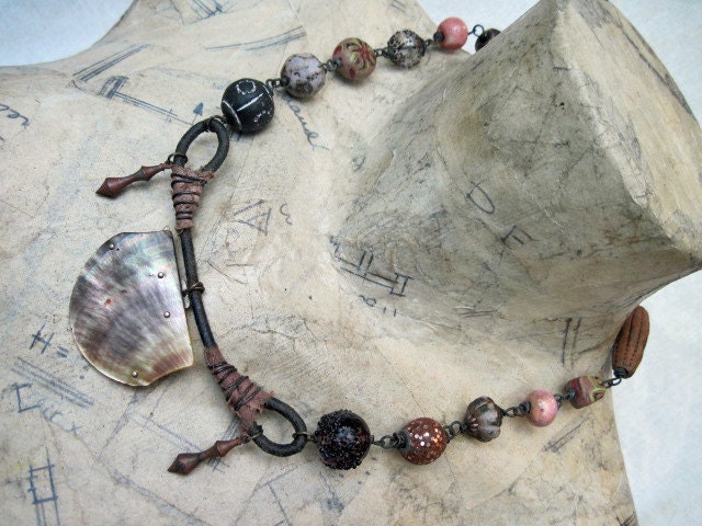 I Myself Have Gone Blind. Ceramic rounds and shell buckle rustic assemblage necklace.