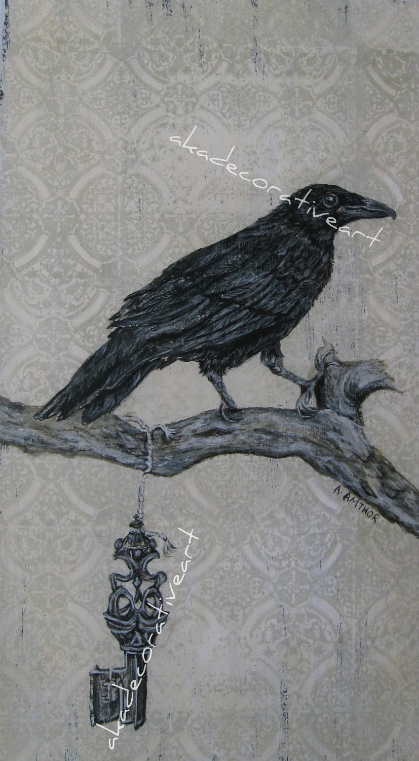 Vintage Crow Print, "Crow With Key", Vintage Bird Print, Original Painting, Acyrlic, Goth, 8 1/2 inches x 15 1/2 inches