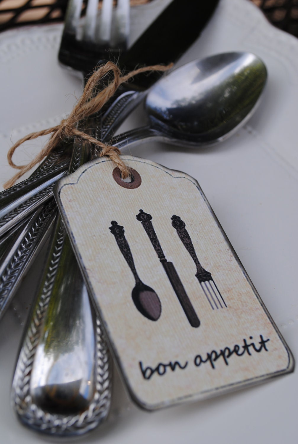 Set of 12. Personalized Cutlery Cream Distressed Place Card Tags
