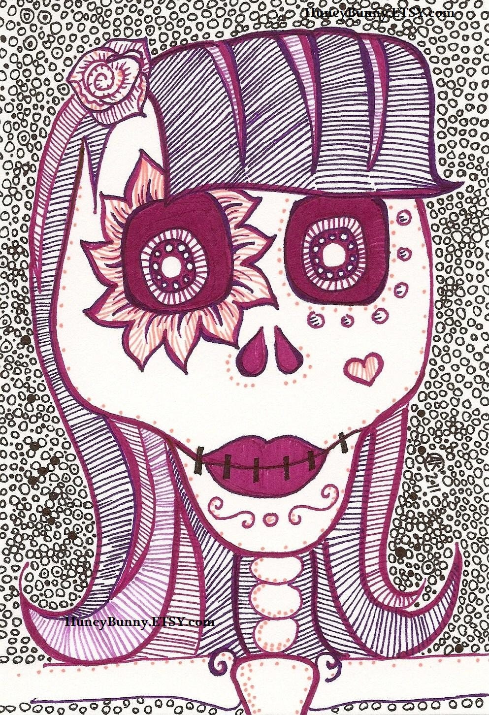 Original DaY Of The Dead Drawing. Sugar Skull artwork with Sharpies. Lady Skeleton. Dia De Los Muertos.