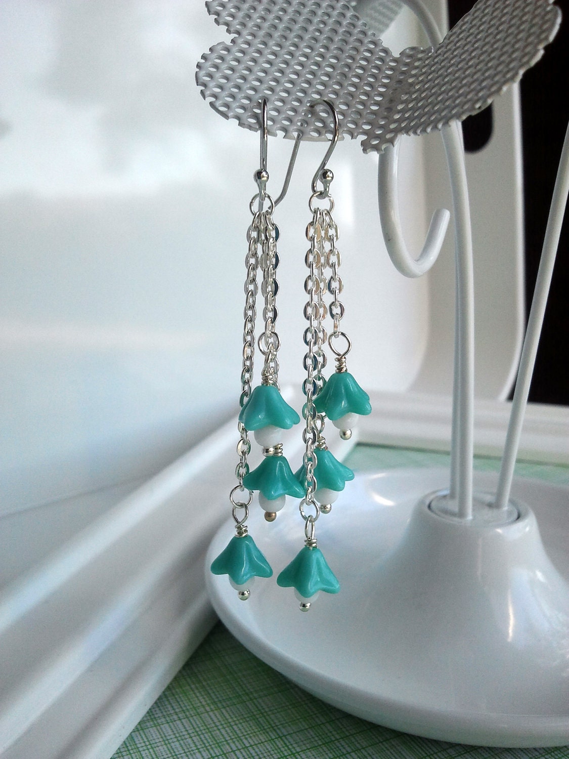 Czech glass "Waterfall of Bells" earrings with matte silver chain (turquoise/teal)