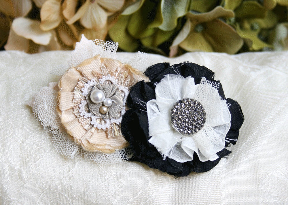 Flower Fascinator Hair Barrette in Black, White and Cream with Vintage Accents