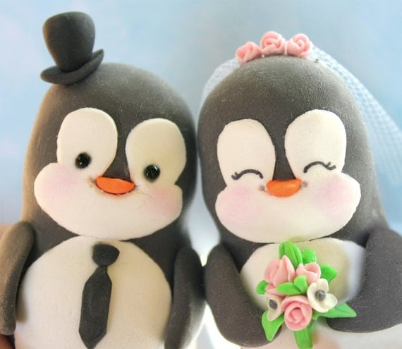 Custom wedding cake toppers penguins love birds personalized