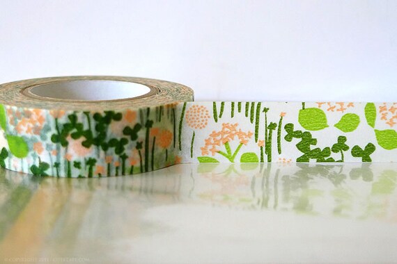 Japanese Washi Tape - Little Garden GREEN and PEACH 15mm - Packaging