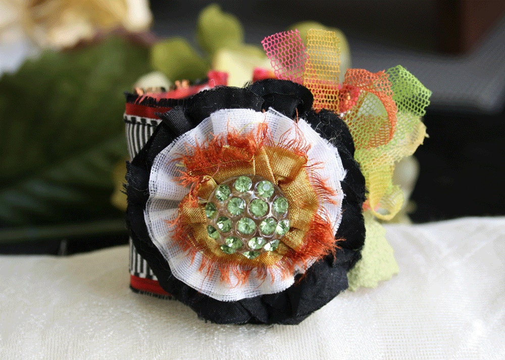 Whimsical Flower Cuff Bracelet Corsage in Bright Colors and Patterns