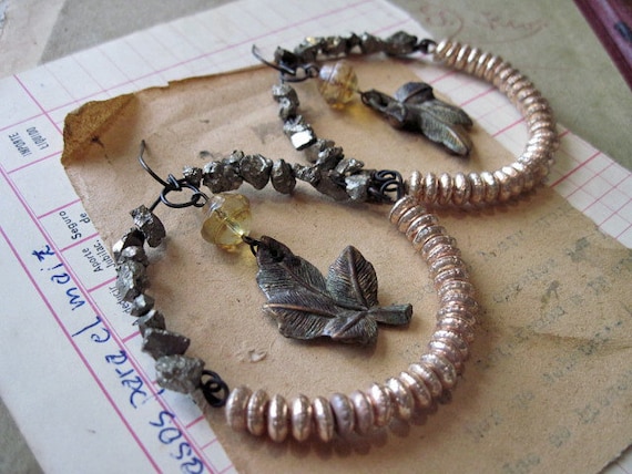 A Patient Labyrinth of Lines. Pyrite and Antique Puffy Sequin Hoop Earrings.