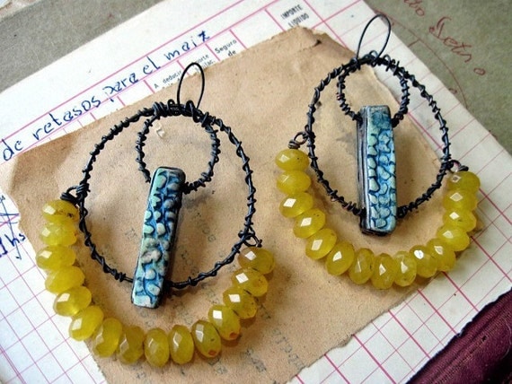 Beauty Unbearable.  Gypsy Assemblage Earrings with Yellow Gemstones.