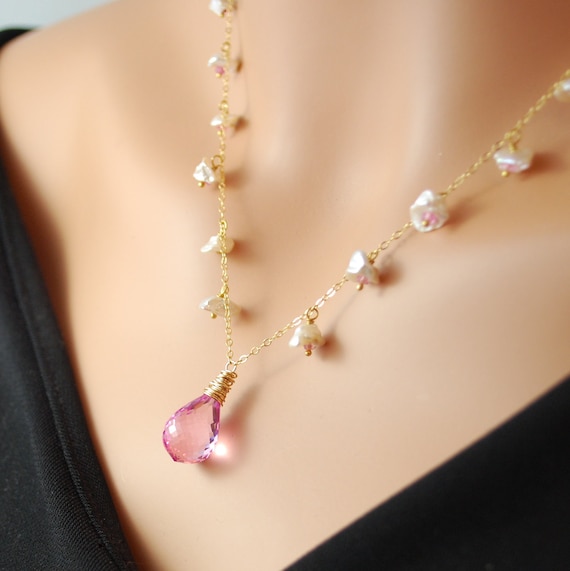 Hot Pink Topaz Necklace with Keishi Pearls and Rubies in Gold