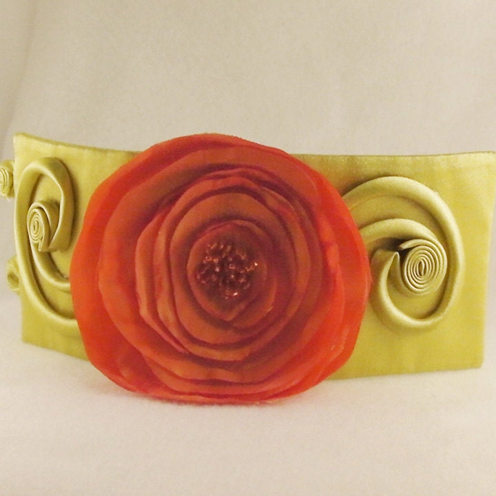 Tangerine Chartreuse Taffeta and Beads Cuff