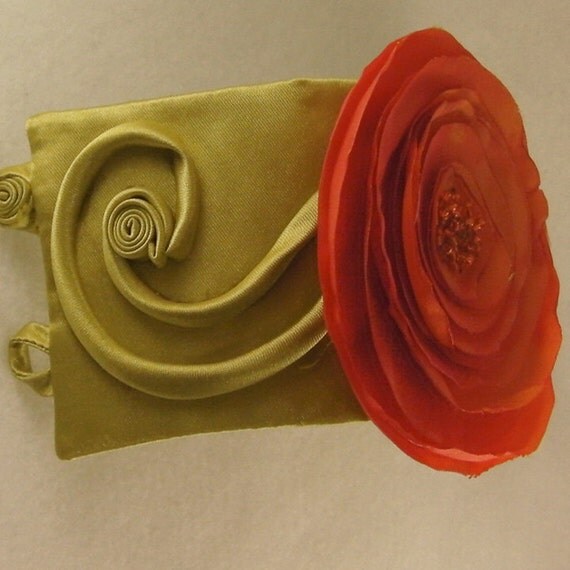 Tangerine Chartreuse Taffeta and Beads Cuff