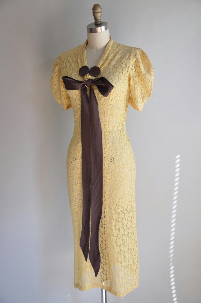 vintage 1930s dress // 30s lace dress // yellow and brown art deco lace dress