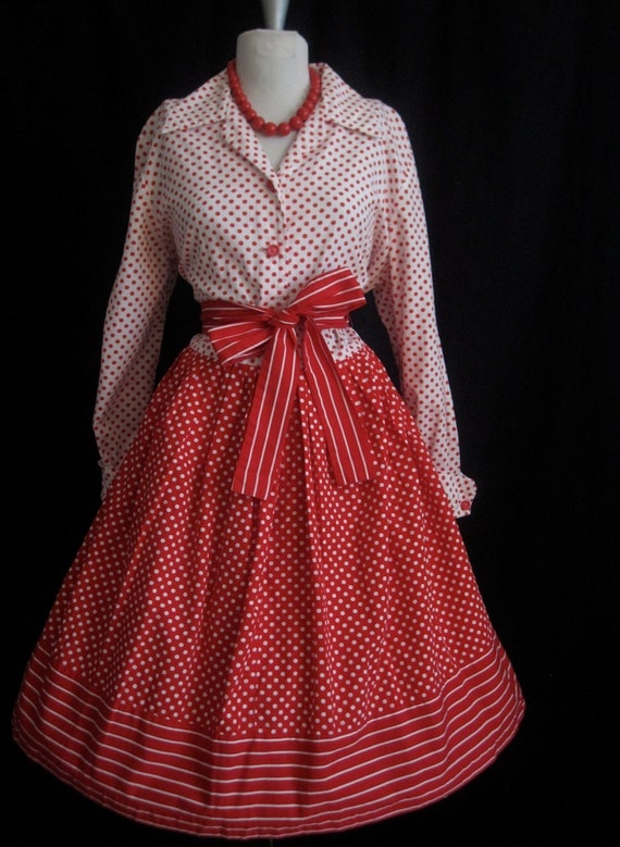 Vintage 1950's Cherry Polkadot and Stripes  MadMen Rockabilly Swing Christmas Party Dress Full figure Free shipping