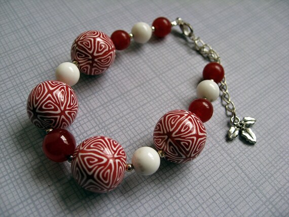 Celtic Christmas - Polymer Clay Bracelet with Holly Charm