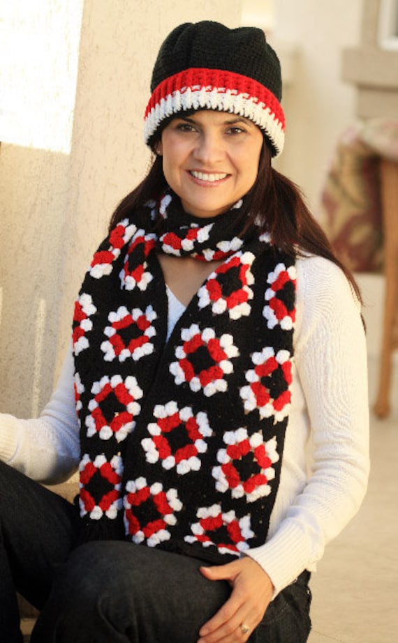 Red, Black, White Granny Square Scarf and Hat Set for Women Bright Gift READY TO SHIP