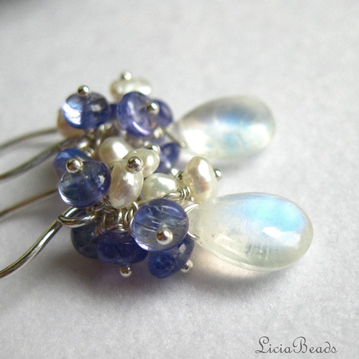 Tanzanite and pearl cluster with moonstone briolettes, sterling silver earring and necklace set