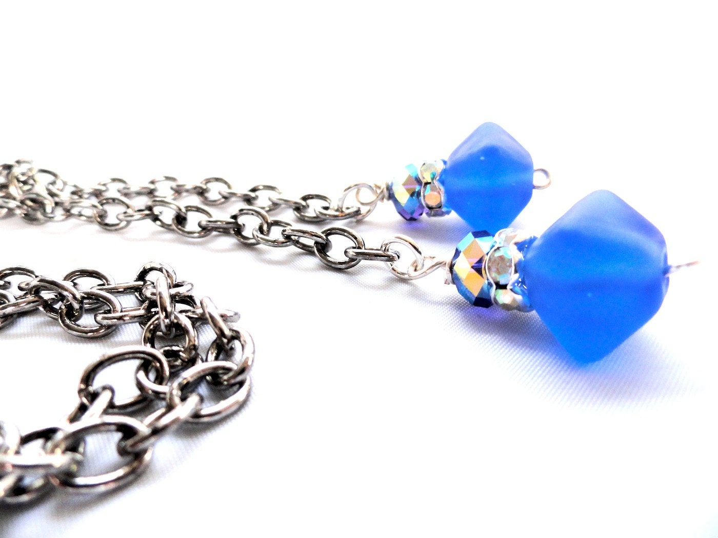 Cobalt Blue Lampwork and Purple Swarovski Crystal Lariat Necklace