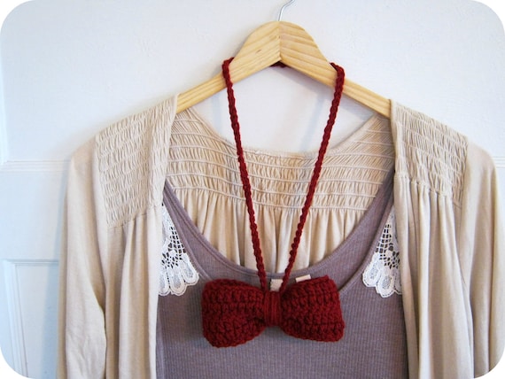 Big Crochet Bow Necklace in Cranberry Red