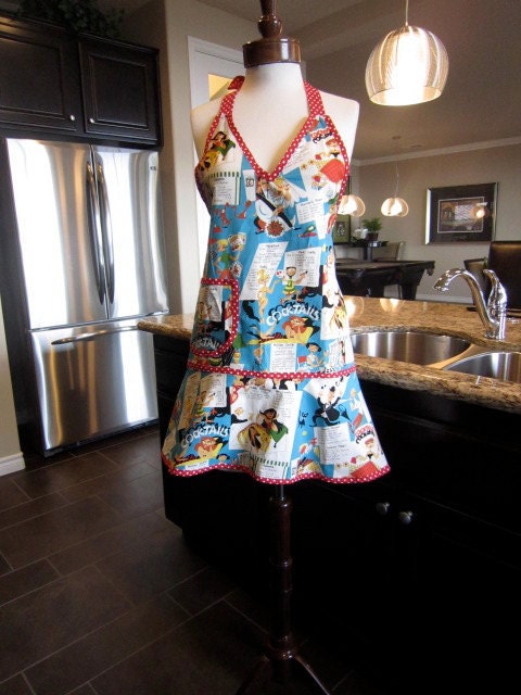 Flirty Chef Apron - Retro cocktails print with red and white polka dot trim.