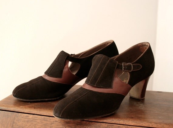 Vintage 1930s Shoes Brown Suede Orange Leather