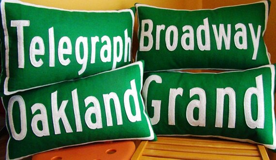 Made to Order Custom Street Sign Pillow in Green and White Felt - 12x20