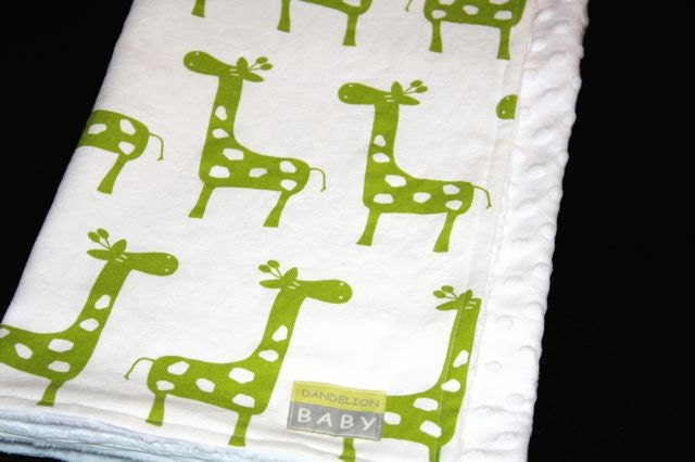 Cotton & Minky Baby Blanket -Green Giraffes