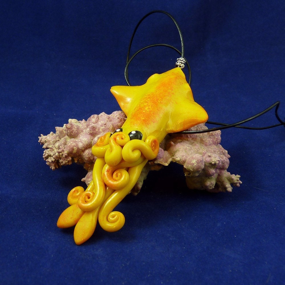 Solar Flare Squid Necklace - Polymer Clay Squid Pendant