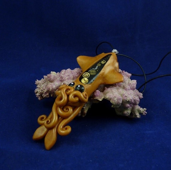 Brass Steampunk Squid Necklace - Handmade Polymer Clay Jewelry
