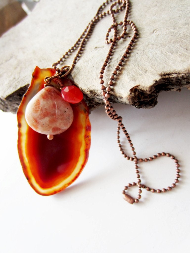 Natural brown agate slice pendant necklace with sunstone and orange chalcedony. Copper chain.