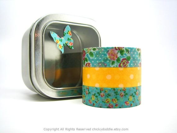 Pink Roses and White Polka Dots on Yellow Japanese Washi Tapes Set with Free Storage Tin