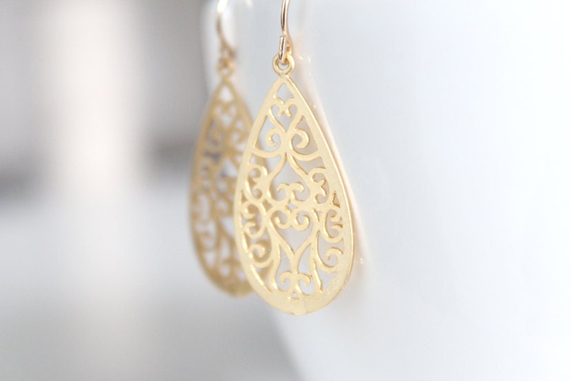 Gold Filigree Teardop Earrings - Hidden Hearts