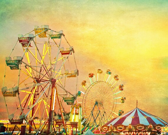 Carnival photography, art for children, nursery art,  carnival prints, Ferris wheel, county fair teal green sky carousel nursery decor 5x7