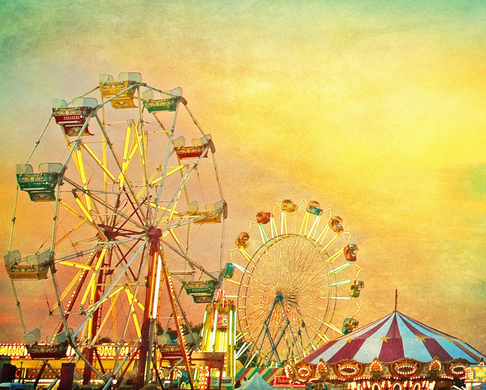 Carnival photography, art for children, nursery art,  carnival prints, Ferris wheel, county fair teal green sky carousel nursery decor 5x7