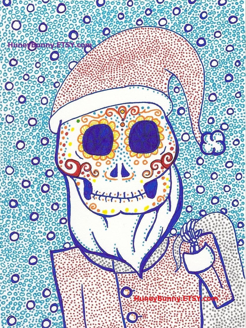 Skeleton Santa. Original DaY Of The Dead Drawing. Sugar Skull artwork with Sharpies.  Dia De Los Muertos.