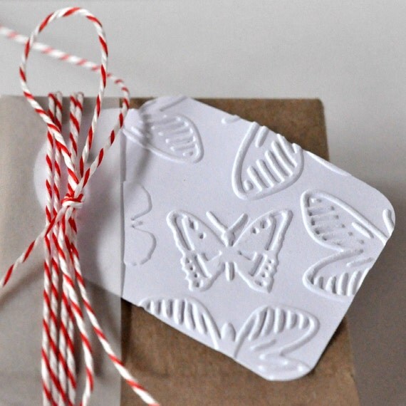 10 Embossed Butterflies Large Tags Threaded White