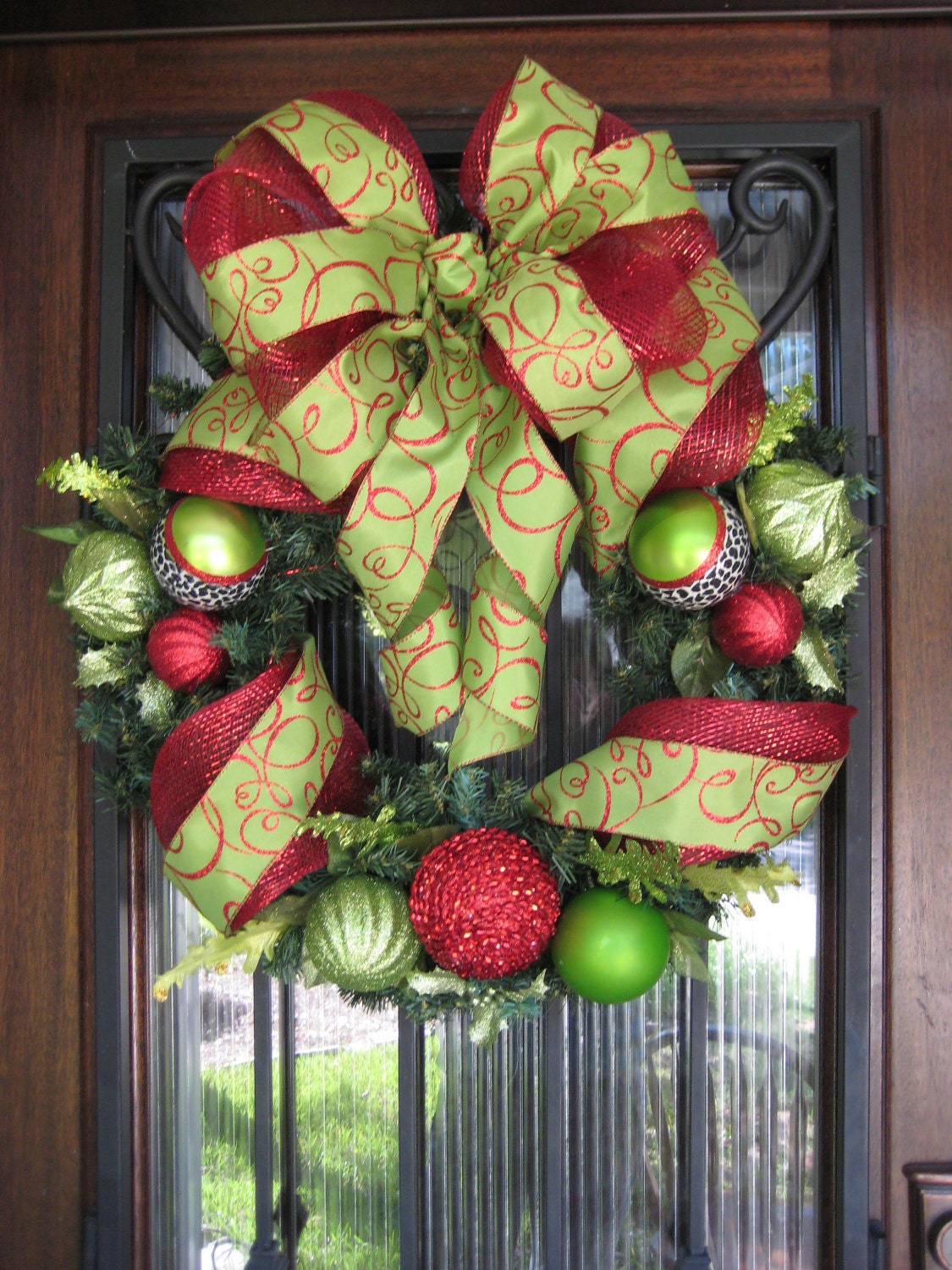 Red and Lime Green Christmas Wreath, Ornaments, Ribbon, Deco Mesh