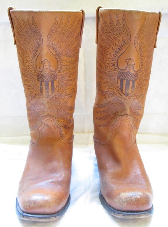 Bitching VINTAGE Acme Dingo brown tooled inlayed MOTORCYCLE riding american eagle western desert BOOTS cowboy sz 8
