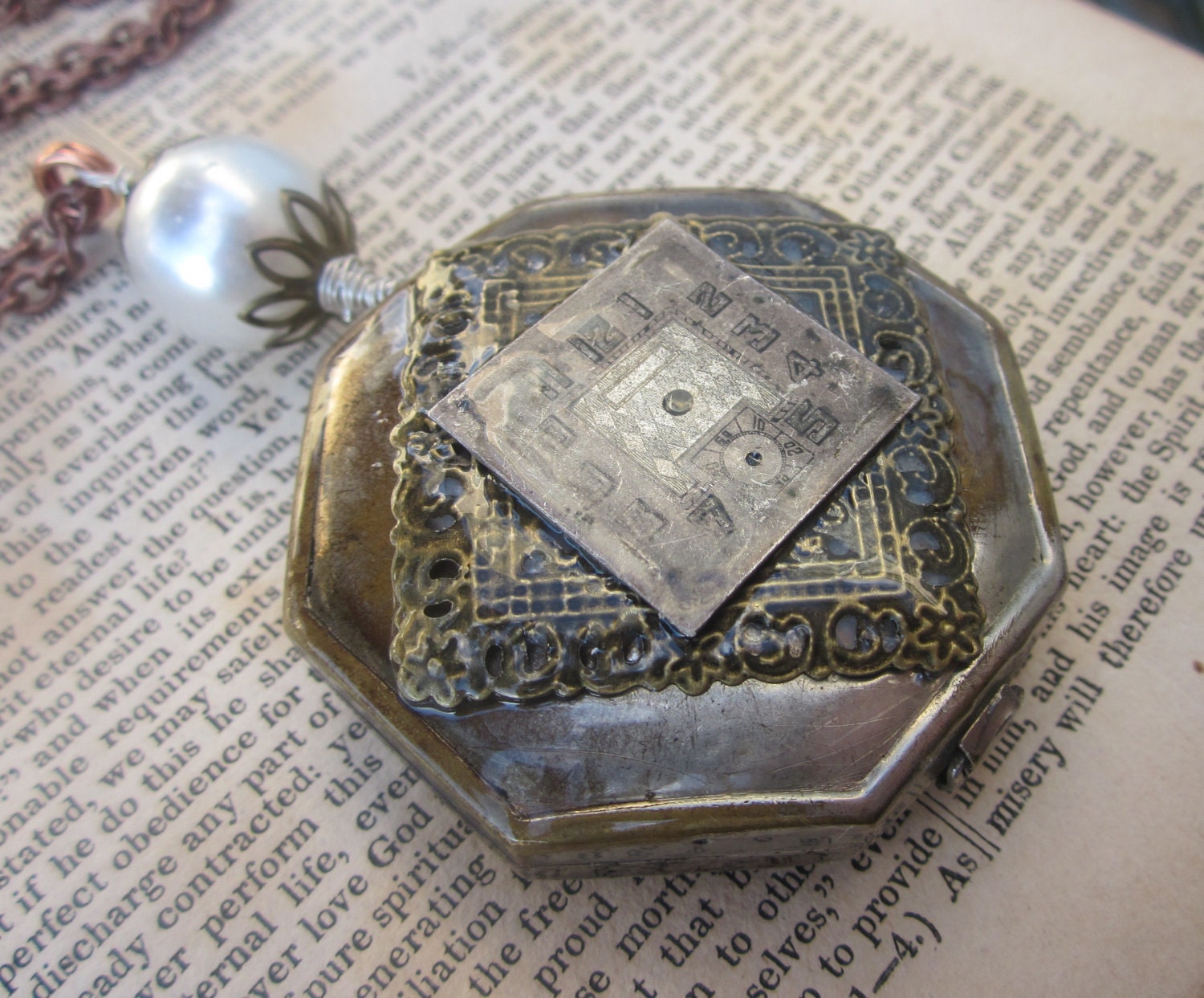 Industrial Victorian Antique Compact Make Up Necklace Free Shipping