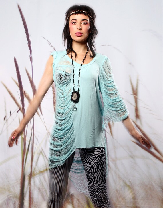 Shredded Shirt blouse Pale Blue drippy long hanging draped loose slouchy soft Eco friendly asymmetrical New Wave