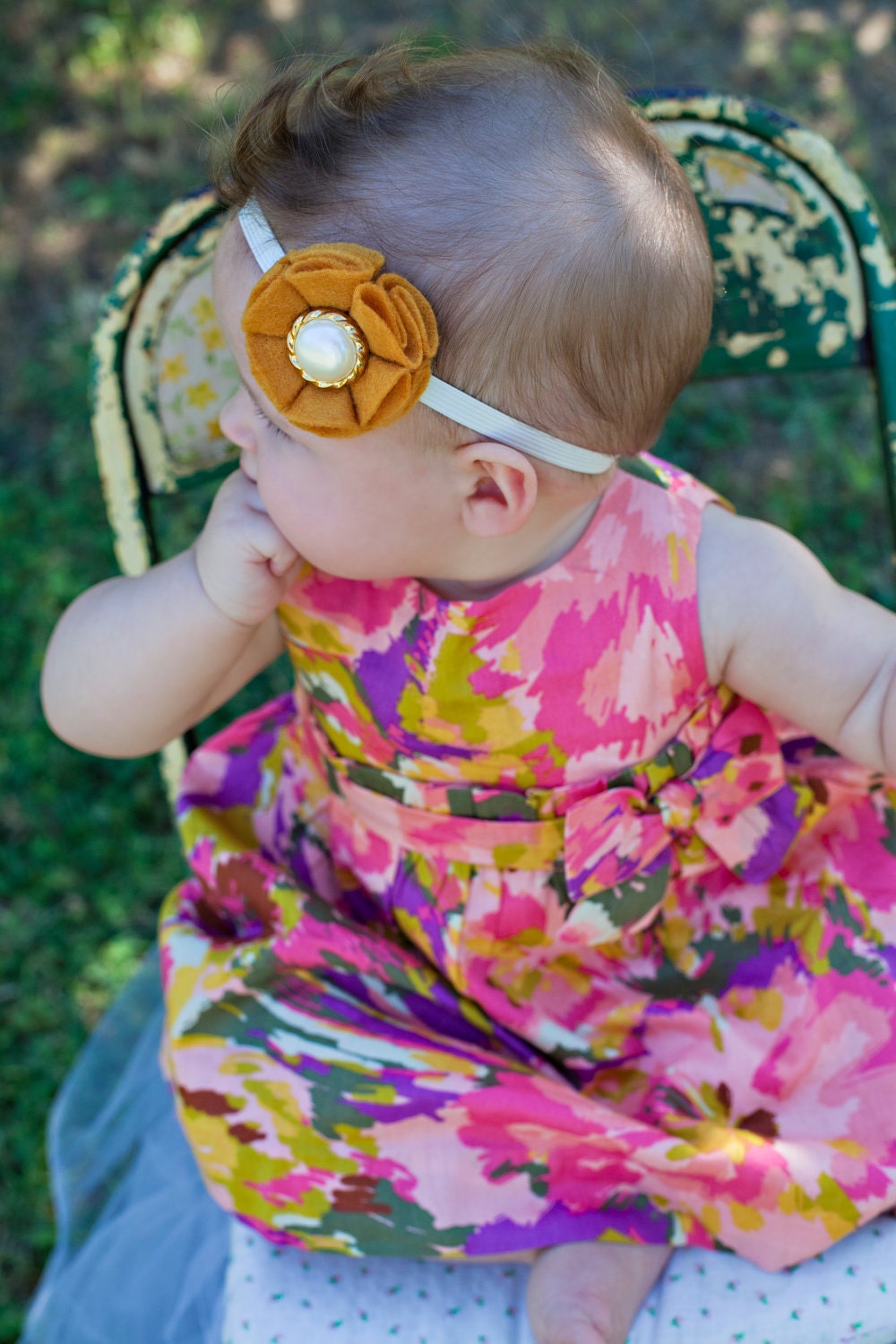 Burnt Orange Felt Flower Headband with Gold and Pearl Center